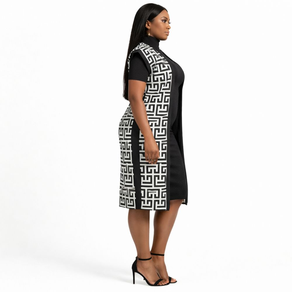 Black Sleeveless Midi Dress with Geometric Pattern Overlay